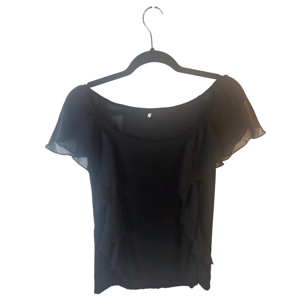 Womens Black Off The Shoulder Ruffle Blouse Sheer Flutter Sleeve Knit Top